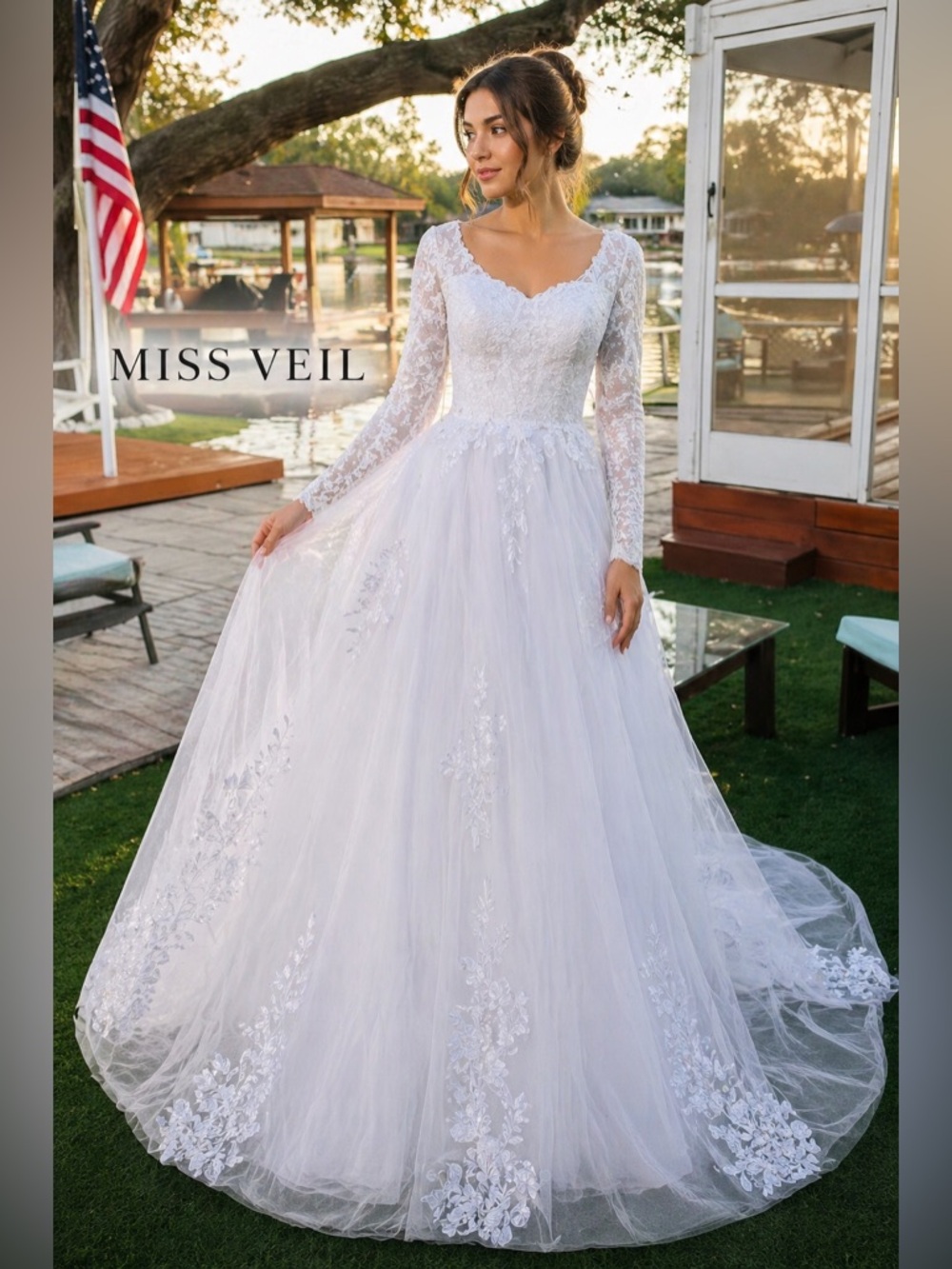 Miss Veil White Wedding Dress Lace Tulle Corset Back Long Sleeve – NWT